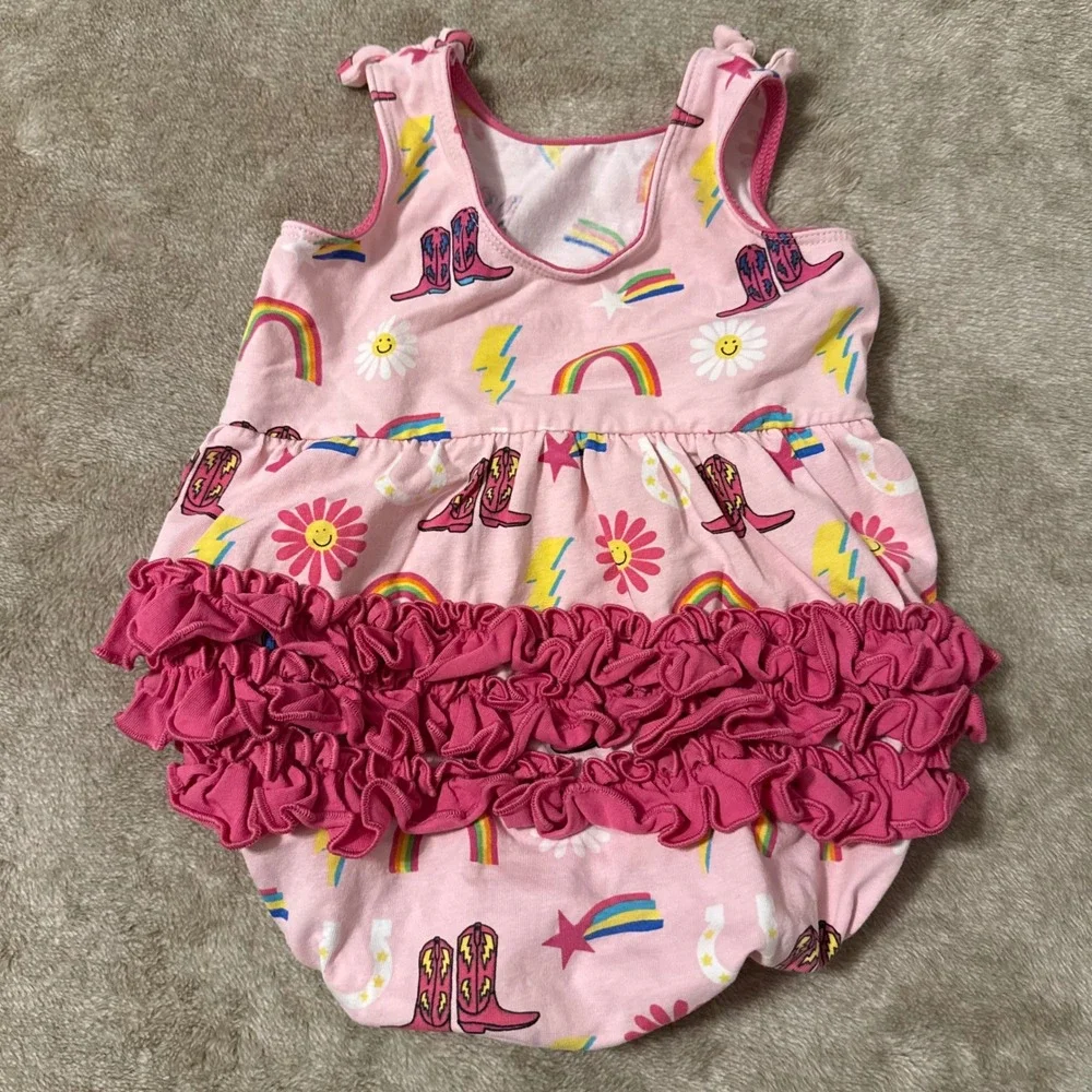 RuffleButts Baby Girls Pink Western Cowboy Boot Rainbow Ruffle Romper 3-6M